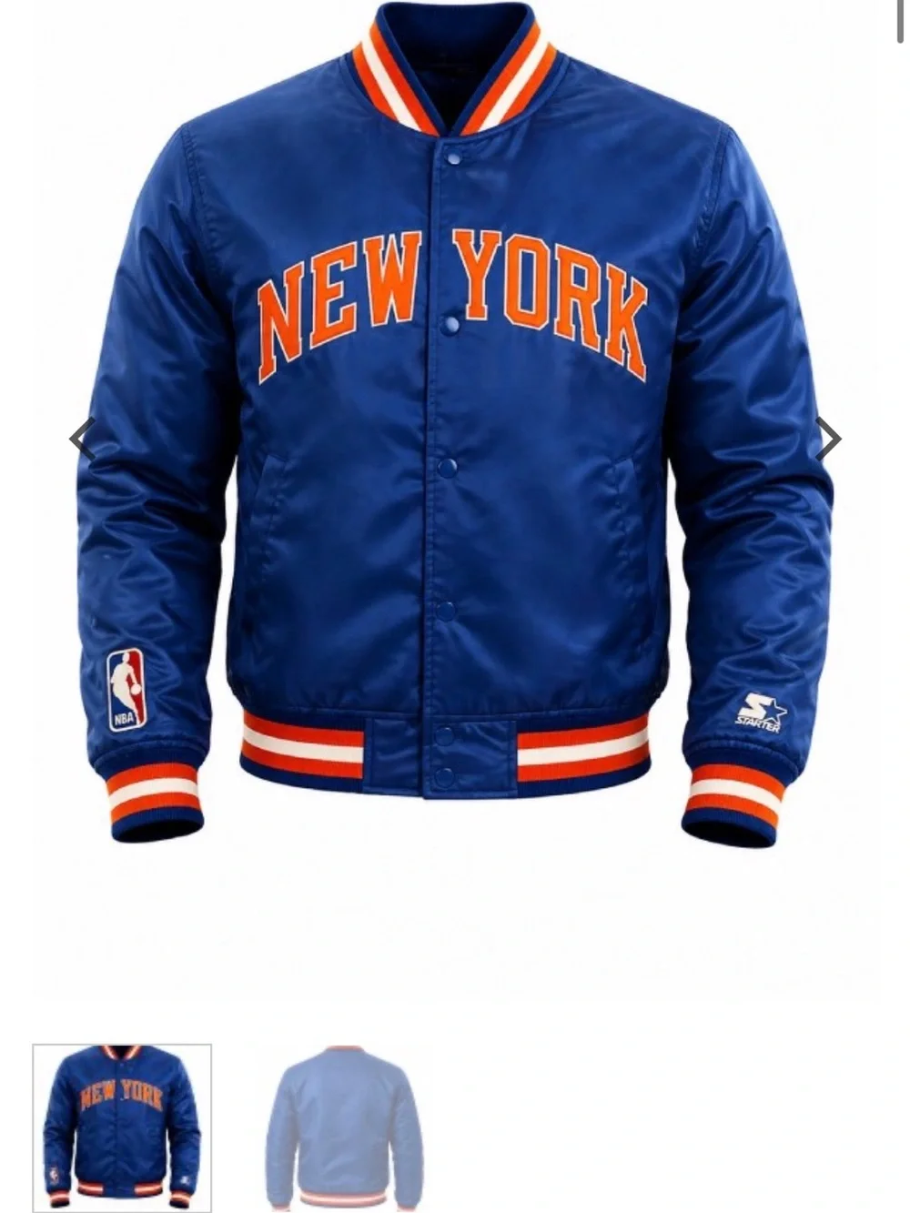 NWT Men’s Wilson NEW YORK NBA Starter Satin Varsity Bomber Jacket Blue Orange L - Picture 16 of 16